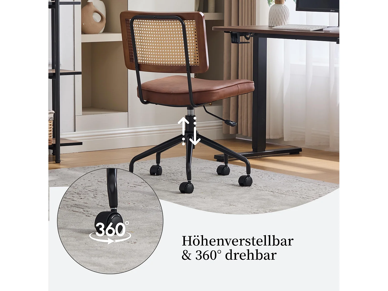 Bürostuhl Höhenverstellbarer Drehstuhl mit Holzrahmen Rattanrücken, Polstersitz, Metallgestell Akzentstuhl mit Rollen, für Home Office