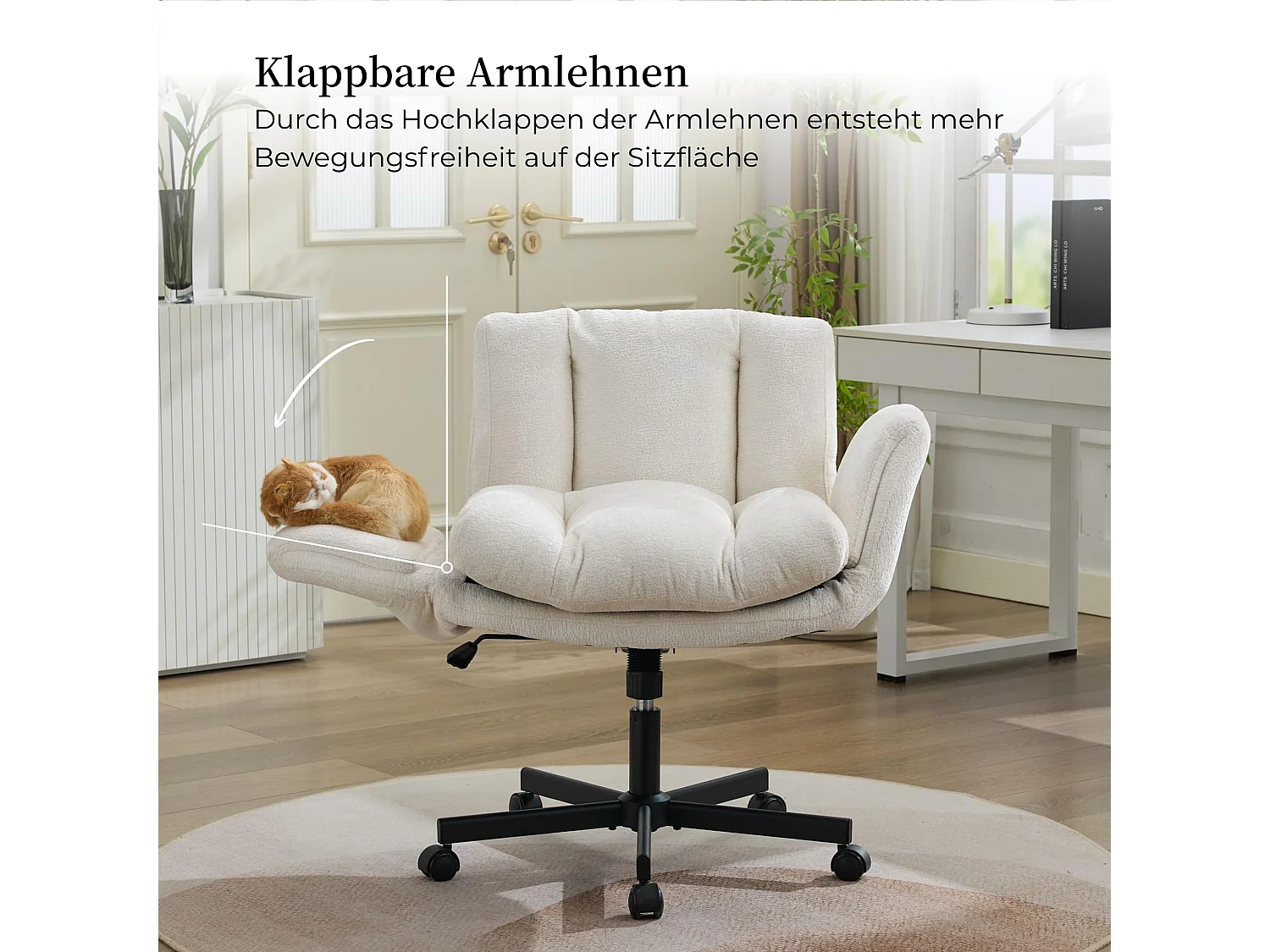 Bürostuhl Drehbar Höhenverstellbarer Criss Cross Chair mit Klappbaren Armlehnen, Chenille Schneidersitz Schreibtischstuhl,extra Breite 61cm Sitzfläche