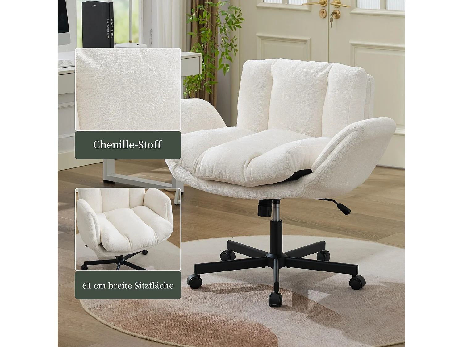 Bürostuhl Drehbar Höhenverstellbarer Criss Cross Chair mit Klappbaren Armlehnen, Chenille Schneidersitz Schreibtischstuhl,extra Breite 61cm Sitzfläche