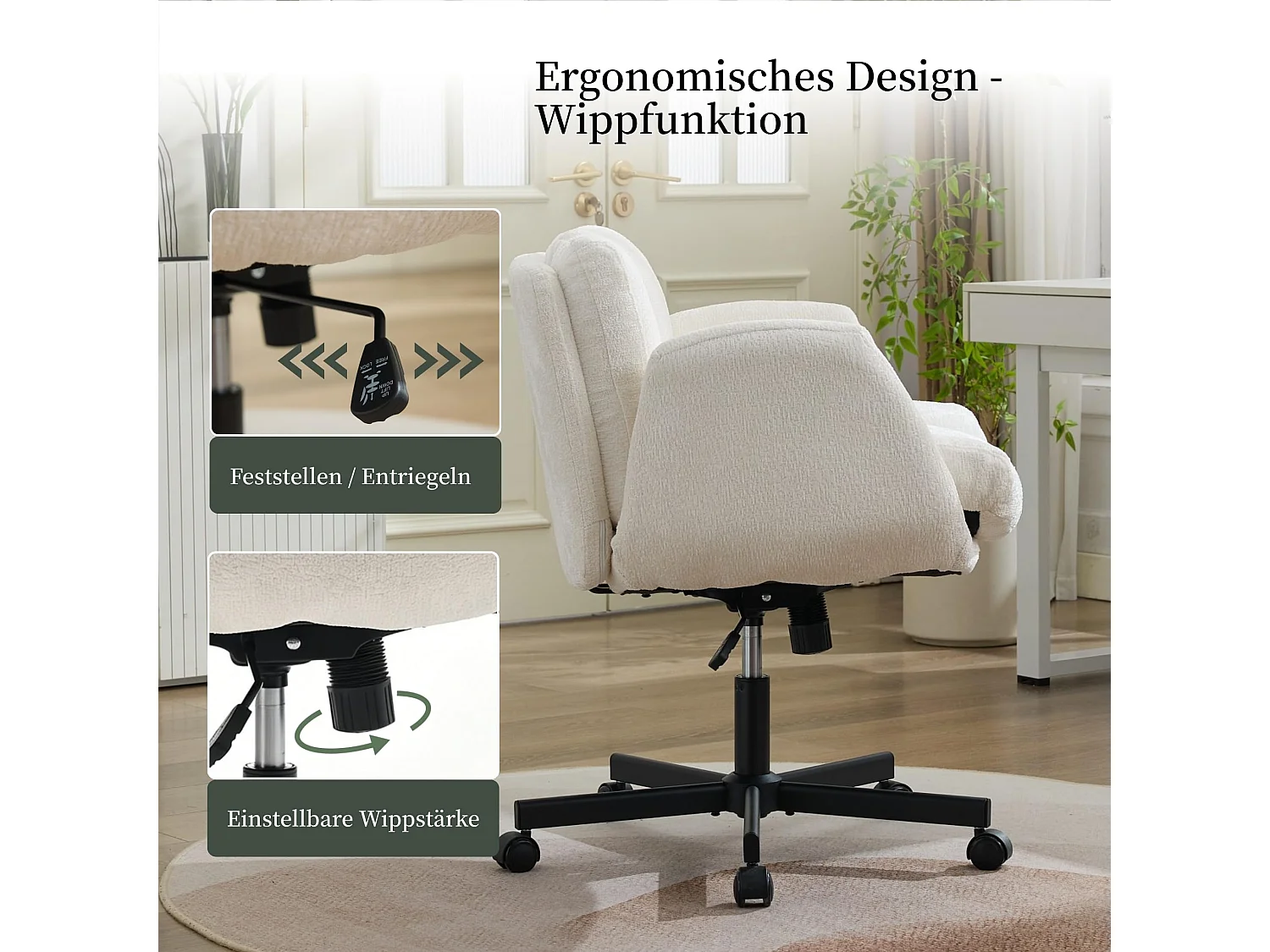 Bürostuhl Drehbar Höhenverstellbarer Criss Cross Chair mit Klappbaren Armlehnen, Chenille Schneidersitz Schreibtischstuhl,extra Breite 61cm Sitzfläche