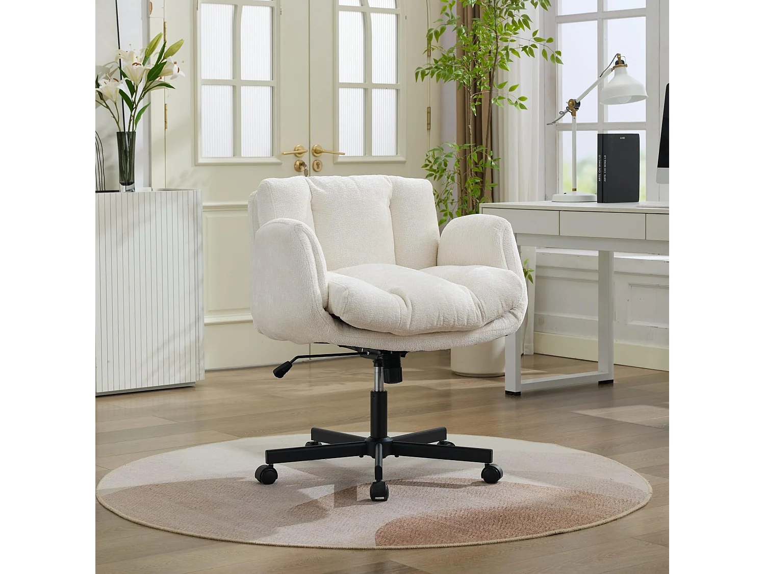 Bürostuhl Drehbar Höhenverstellbarer Criss Cross Chair mit Klappbaren Armlehnen, Chenille Schneidersitz Schreibtischstuhl,extra Breite 61cm Sitzfläche