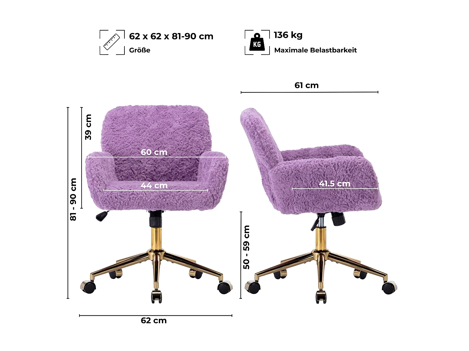 Faux Fur Schminkstuhl höhenverstellbar mit Wippfunktion, drehbarer Bürostuhl, weicher Kosmetikstuhl mit für Schlafzimmer & Ankleidezimmer
