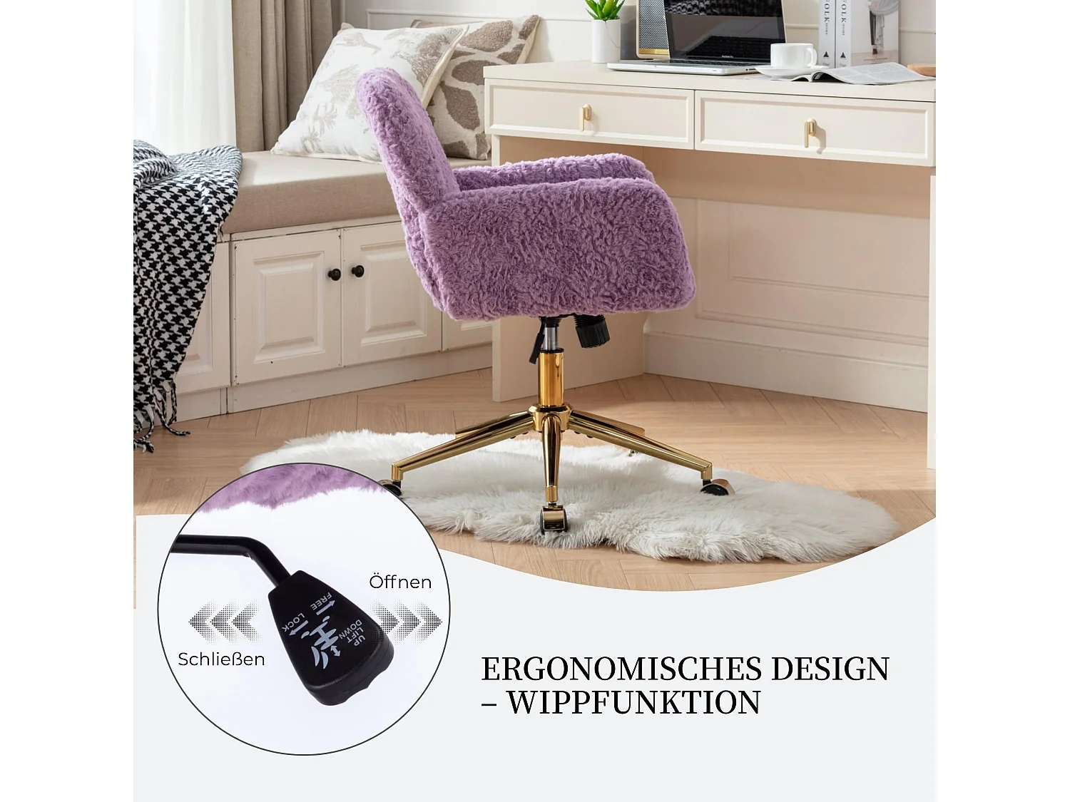 Faux Fur Schminkstuhl höhenverstellbar mit Wippfunktion, drehbarer Bürostuhl, weicher Kosmetikstuhl mit für Schlafzimmer & Ankleidezimmer