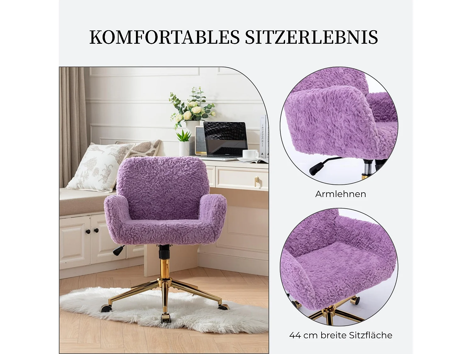 Faux Fur Schminkstuhl höhenverstellbar mit Wippfunktion, drehbarer Bürostuhl, weicher Kosmetikstuhl mit für Schlafzimmer & Ankleidezimmer