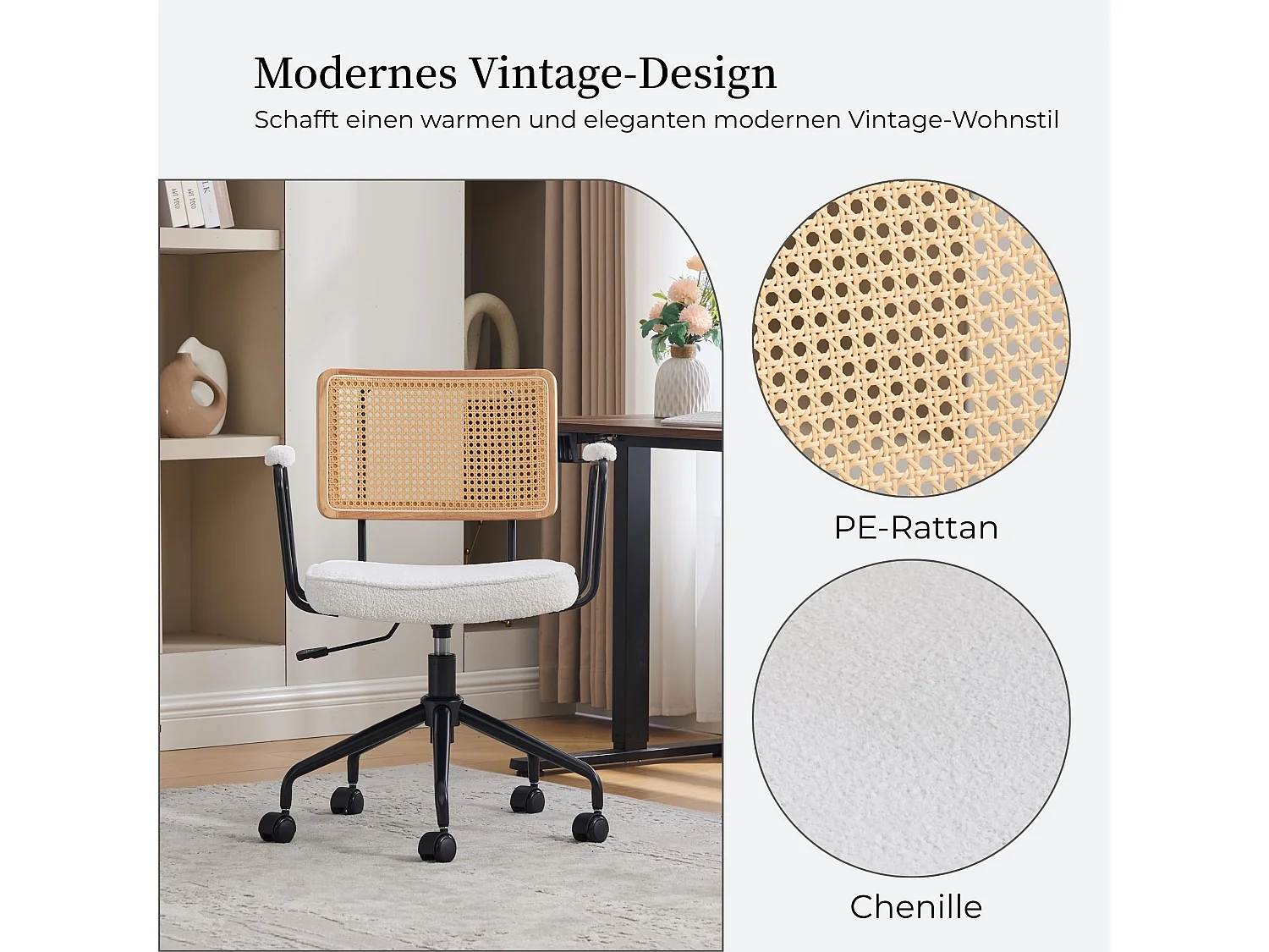 Moderne Vintage Kantoorstoel met Rotan Rugleuning, Verstelbare Hoogte, Chenille Zitting, Metalen Frame & Wieltjes