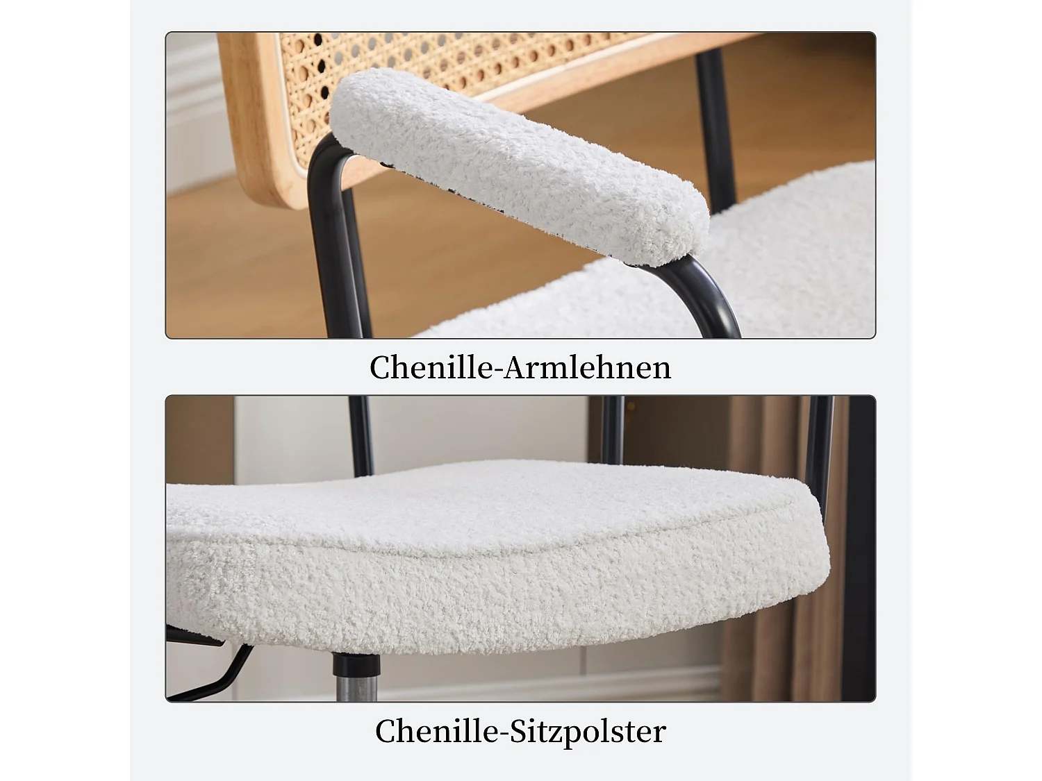 Moderne Vintage Kantoorstoel met Rotan Rugleuning, Verstelbare Hoogte, Chenille Zitting, Metalen Frame & Wieltjes