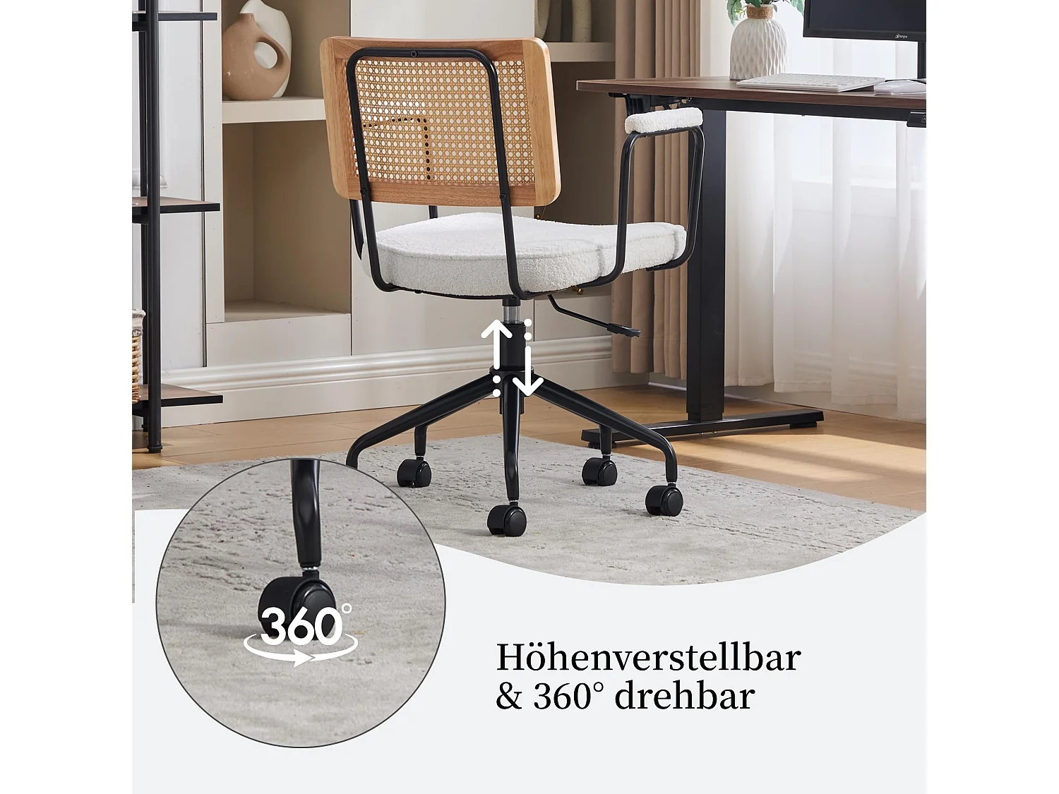 Moderne Vintage Kantoorstoel met Rotan Rugleuning, Verstelbare Hoogte, Chenille Zitting, Metalen Frame & Wieltjes