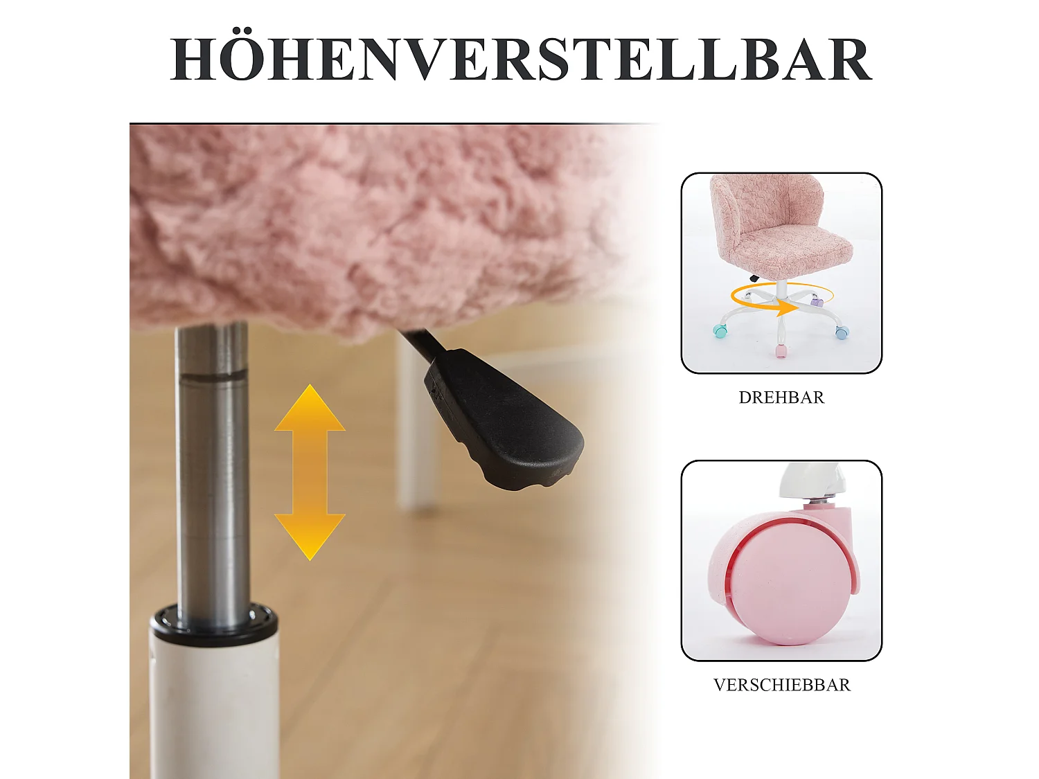 Chaise de maquillage ergonomique en fausse fourrure avec pivot à 360°, réglable en hauteur, couleur rose, siège large et dossier