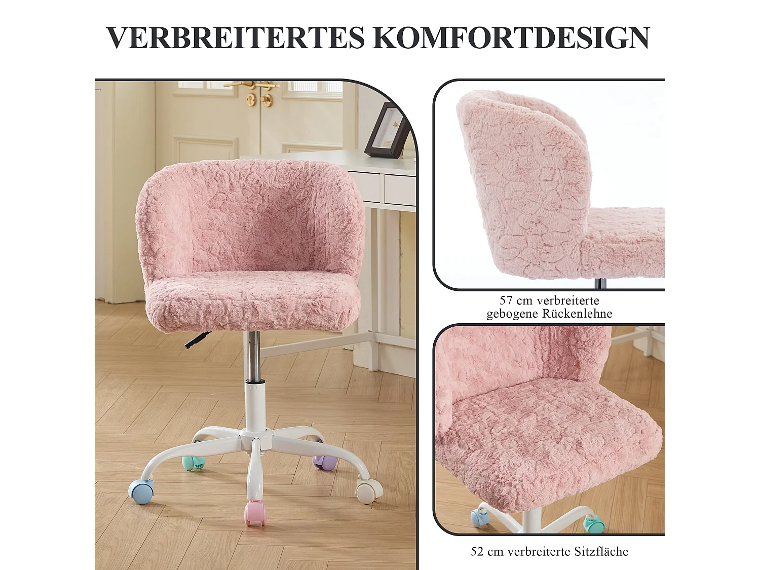 Chaise de maquillage ergonomique en fausse fourrure avec pivot à 360°, réglable en hauteur, couleur rose, siège large et dossier