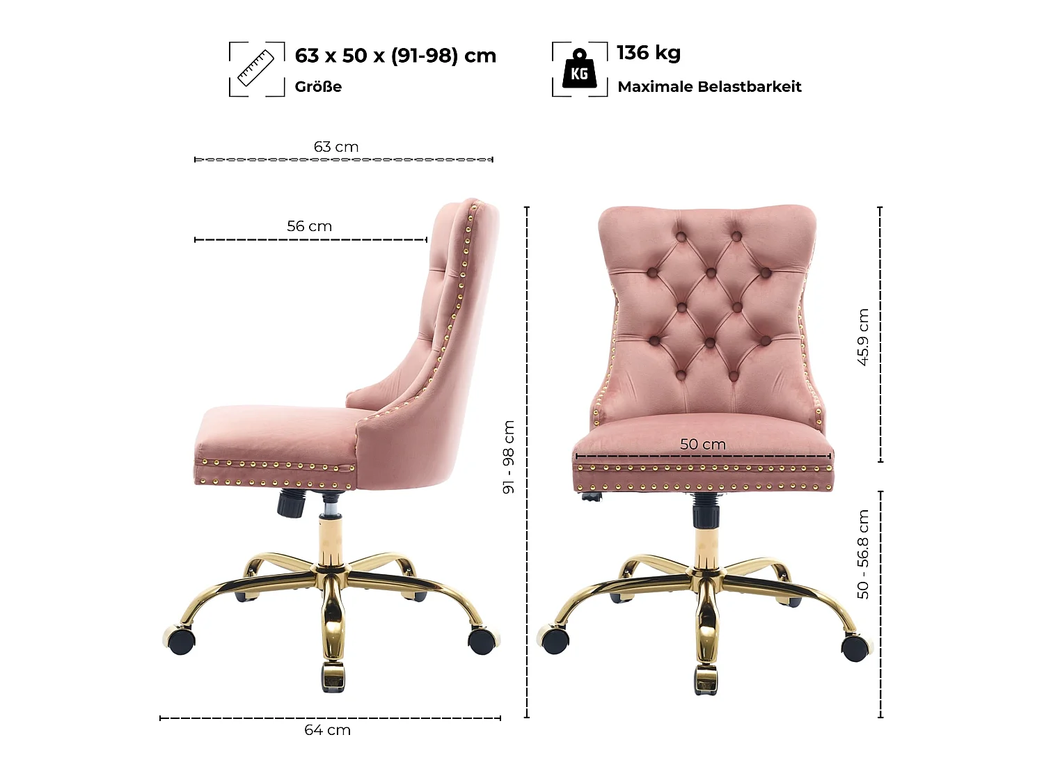 Chaise de bureau vintage en velours avec dossier à oreilles, boutons capitonnés et clous décoratifs couleur rose