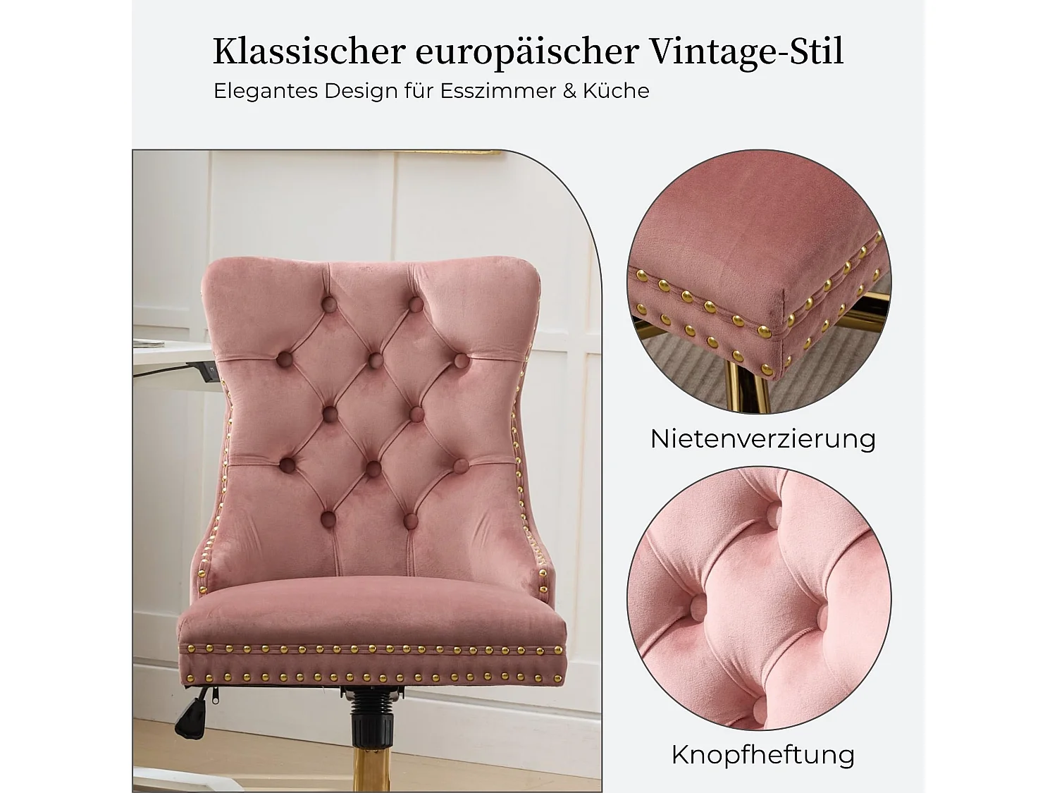 Chaise de bureau vintage en velours avec dossier à oreilles, boutons capitonnés et clous décoratifs couleur rose