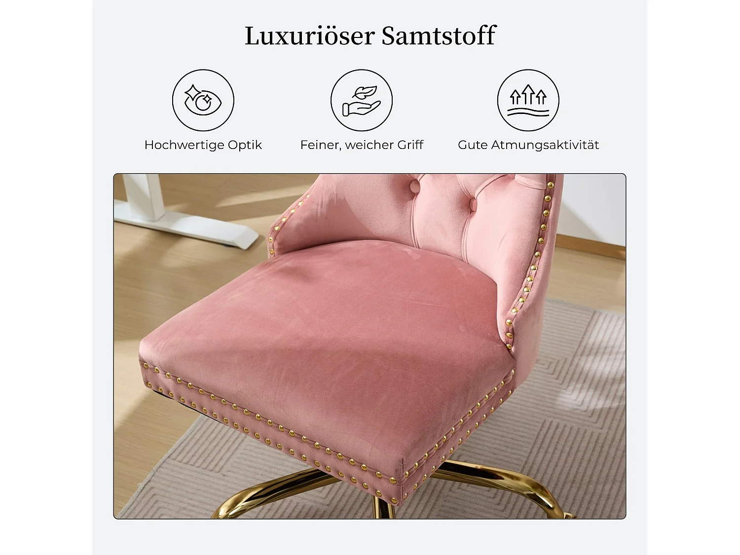 Chaise de bureau vintage en velours avec dossier à oreilles, boutons capitonnés et clous décoratifs couleur rose