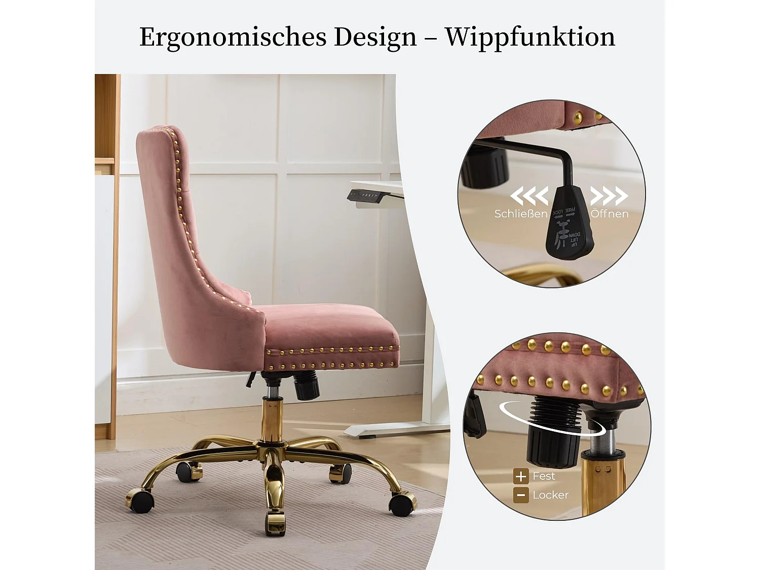 Chaise de bureau vintage en velours avec dossier à oreilles, boutons capitonnés et clous décoratifs couleur rose