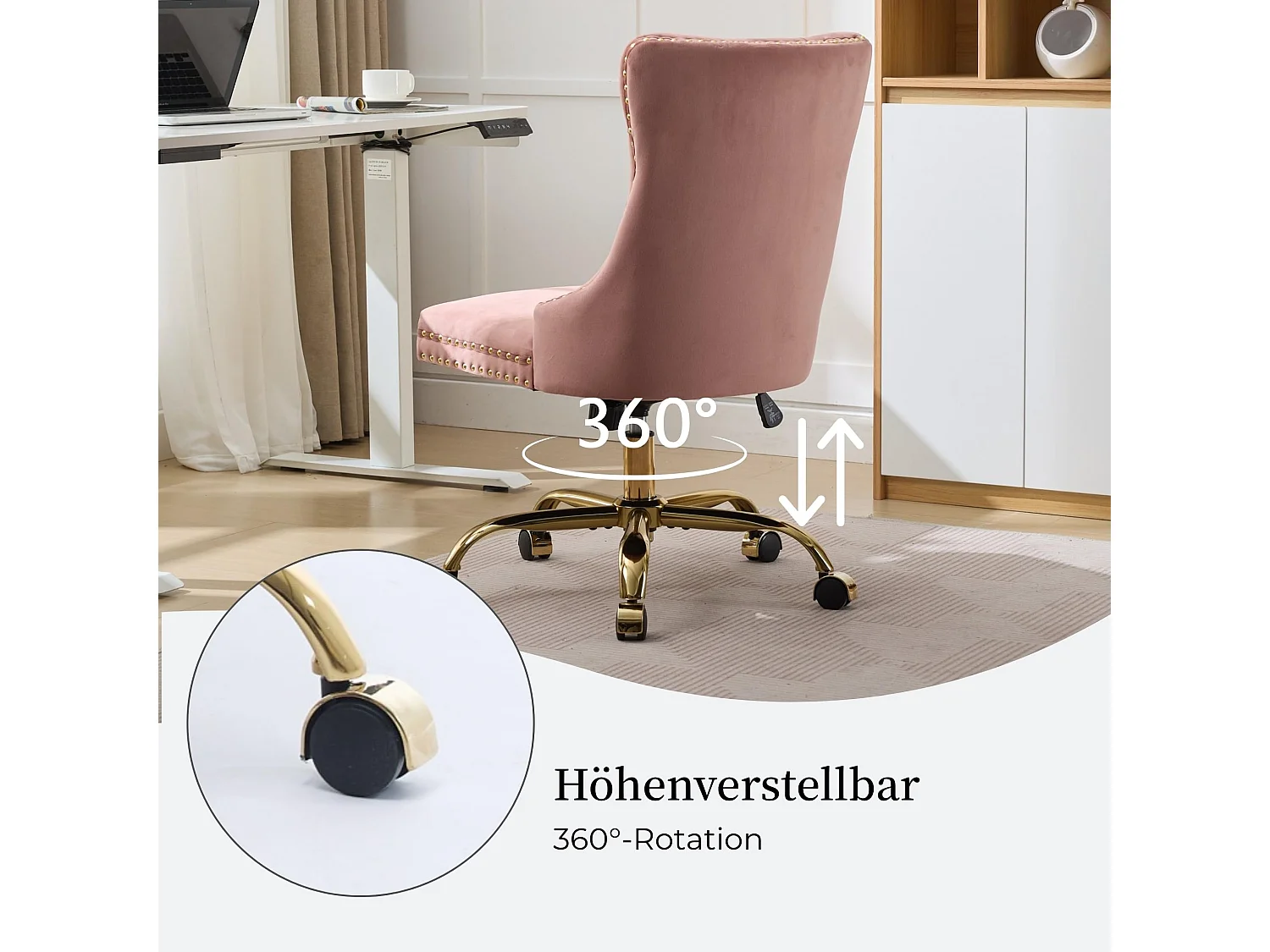 Chaise de bureau vintage en velours avec dossier à oreilles, boutons capitonnés et clous décoratifs couleur rose