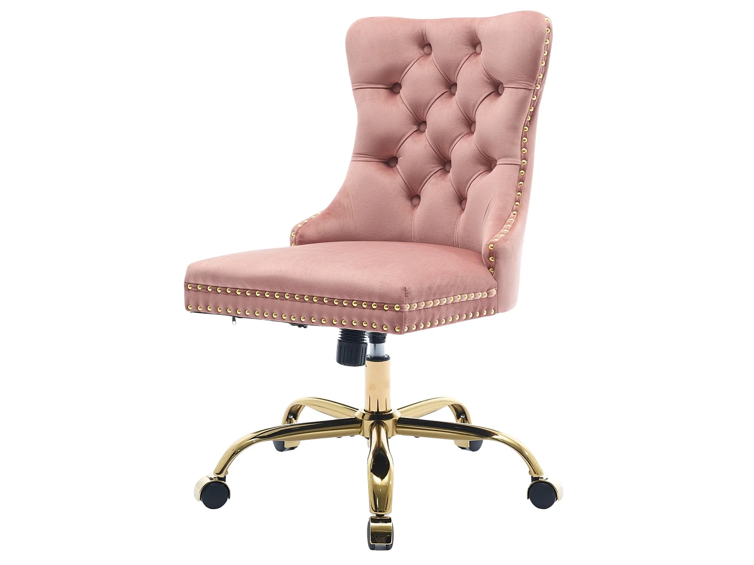 Chaise de bureau vintage en velours avec dossier capitonné et base dorée à roulettes