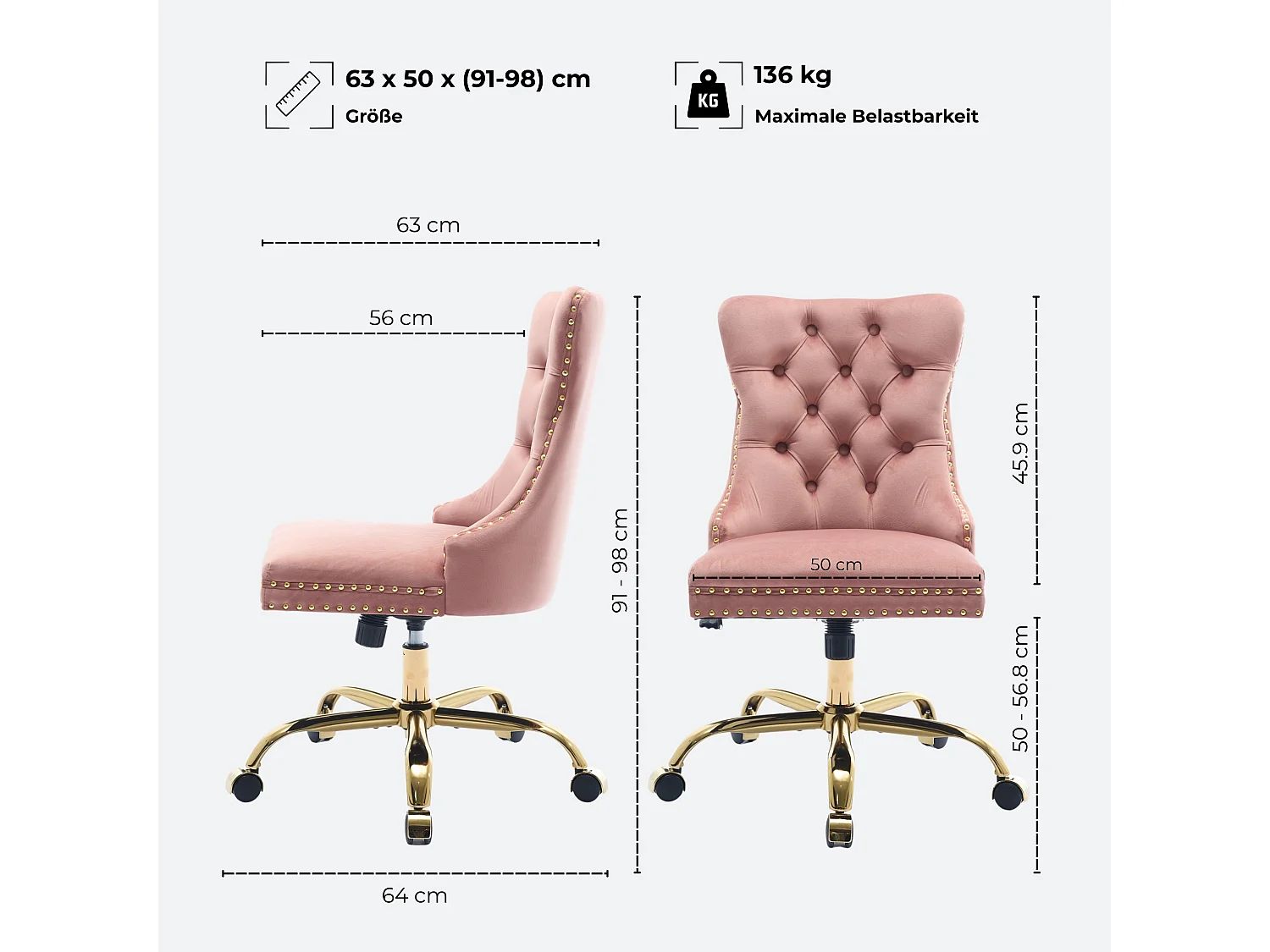 Chaise de bureau vintage en velours avec dossier capitonné et base dorée à roulettes
