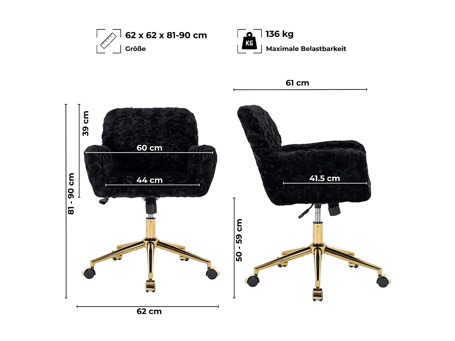 Faux Fur Schminkstuhl höhenverstellbar mit Wippfunktion, drehbarer Bürostuhl, weicher Kosmetikstuhl mit für Schlafzimmer & Ankleidezimmer