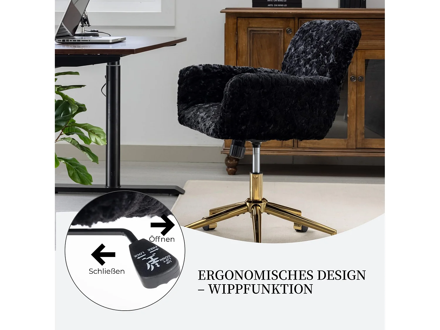 Faux Fur Schminkstuhl höhenverstellbar mit Wippfunktion, drehbarer Bürostuhl, weicher Kosmetikstuhl mit für Schlafzimmer & Ankleidezimmer