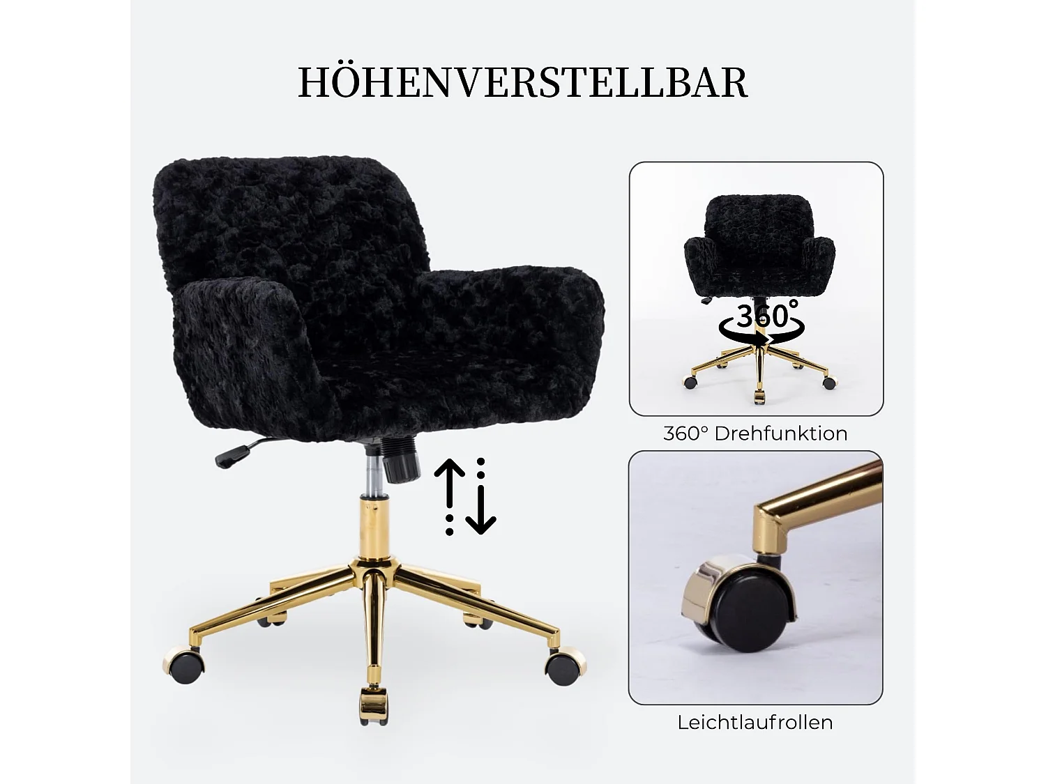 Faux Fur Schminkstuhl höhenverstellbar mit Wippfunktion, drehbarer Bürostuhl, weicher Kosmetikstuhl mit für Schlafzimmer & Ankleidezimmer