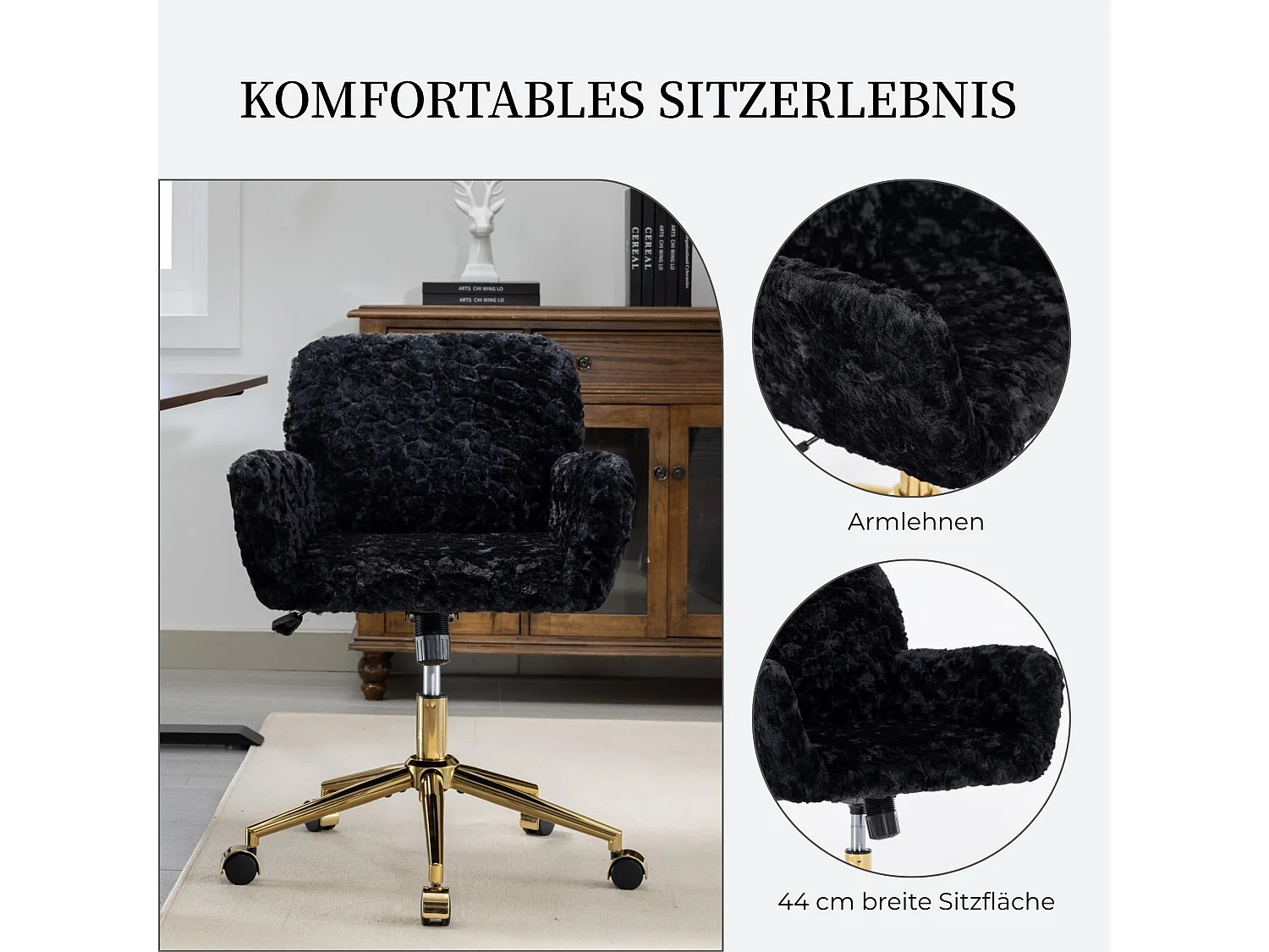 Faux Fur Schminkstuhl höhenverstellbar mit Wippfunktion, drehbarer Bürostuhl, weicher Kosmetikstuhl mit für Schlafzimmer & Ankleidezimmer
