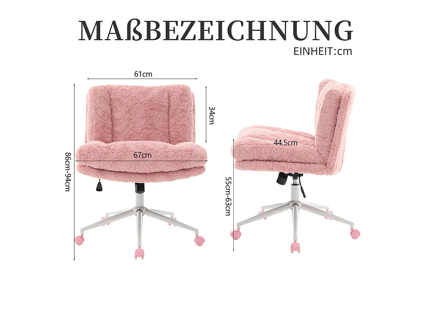 Chaise de Bureau à Assise Large en Tissu Alpaga, Réglable en Hauteur, Rose, Chaise de Coiffeuse Moderne pour Bureau et Chambre