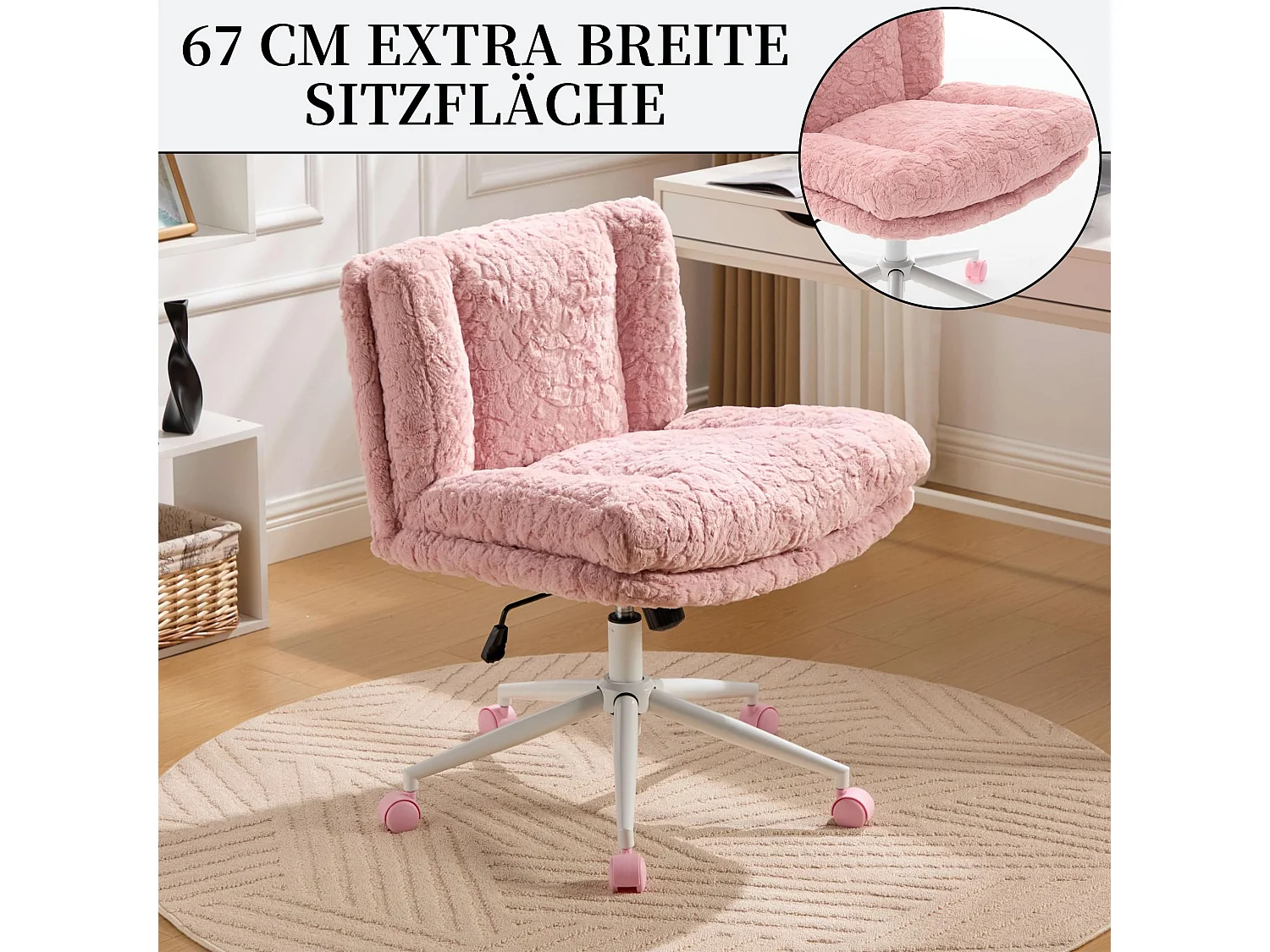Chaise de Bureau à Assise Large en Tissu Alpaga, Réglable en Hauteur, Rose, Chaise de Coiffeuse Moderne pour Bureau et Chambre