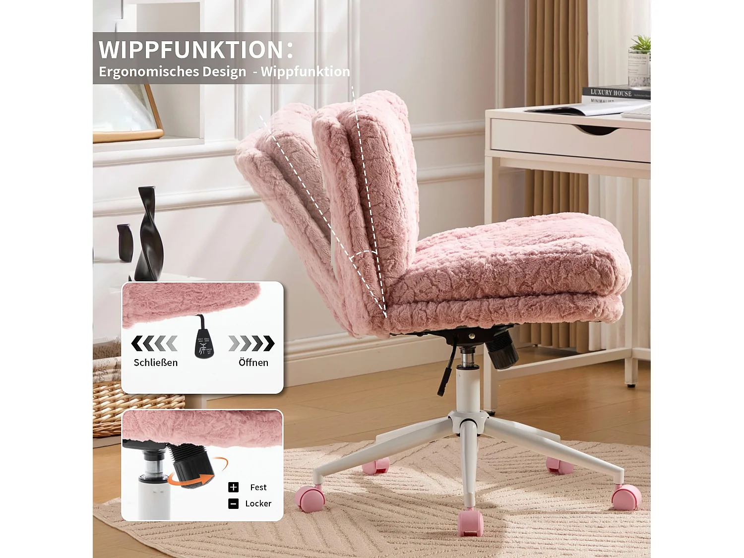 Chaise de Bureau à Assise Large en Tissu Alpaga, Réglable en Hauteur, Rose, Chaise de Coiffeuse Moderne pour Bureau et Chambre