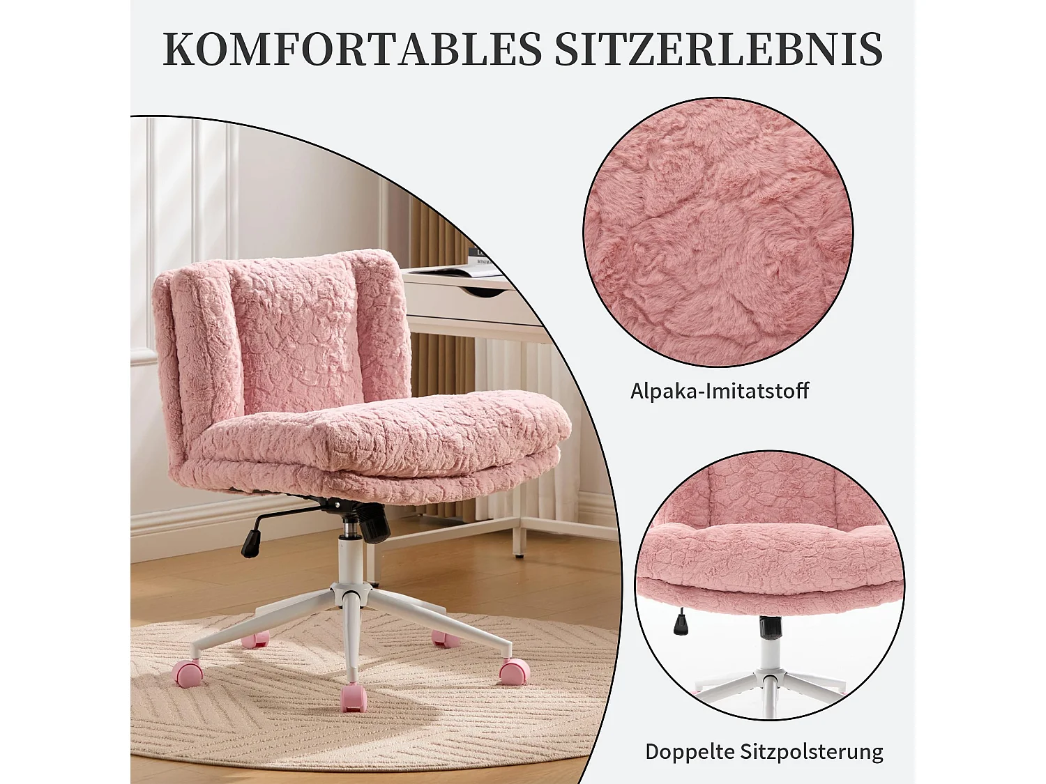 Chaise de Bureau à Assise Large en Tissu Alpaga, Réglable en Hauteur, Rose, Chaise de Coiffeuse Moderne pour Bureau et Chambre
