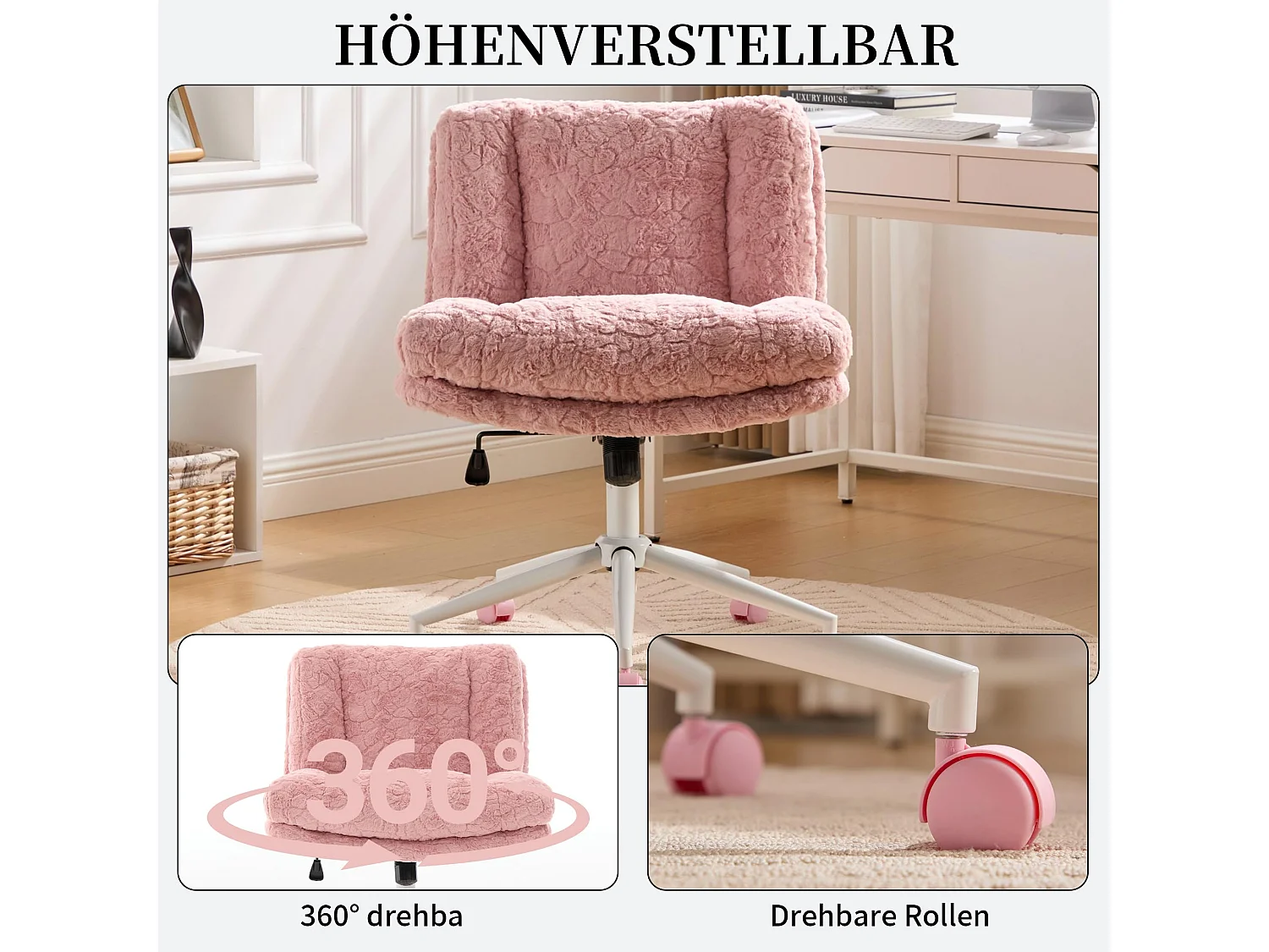Chaise de Bureau à Assise Large en Tissu Alpaga, Réglable en Hauteur, Rose, Chaise de Coiffeuse Moderne pour Bureau et Chambre
