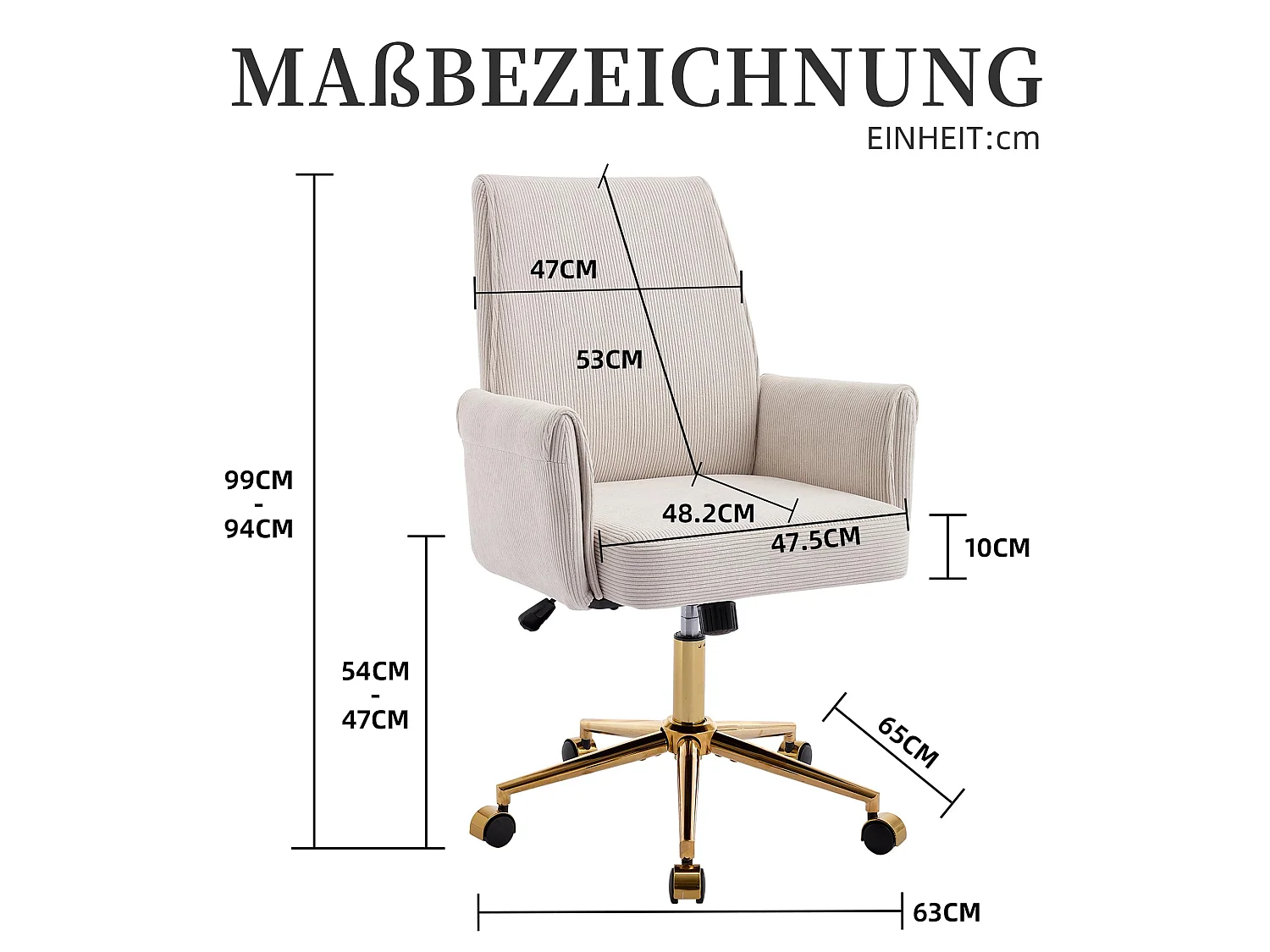 Bürostuhl aus Corduroy mit Memory-Schaum Sitzkissen, ergonomischer Schreibtischstuhl mit Wippfunktion und höhenverstellbar für Büro und Home Office