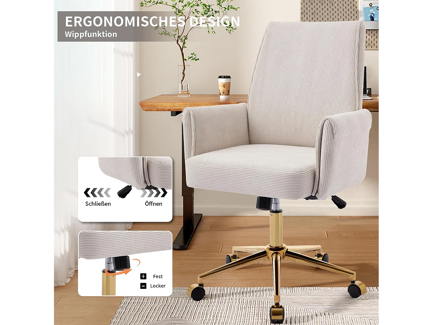Bürostuhl aus Corduroy mit Memory-Schaum Sitzkissen, ergonomischer Schreibtischstuhl mit Wippfunktion und höhenverstellbar für Büro und Home Office