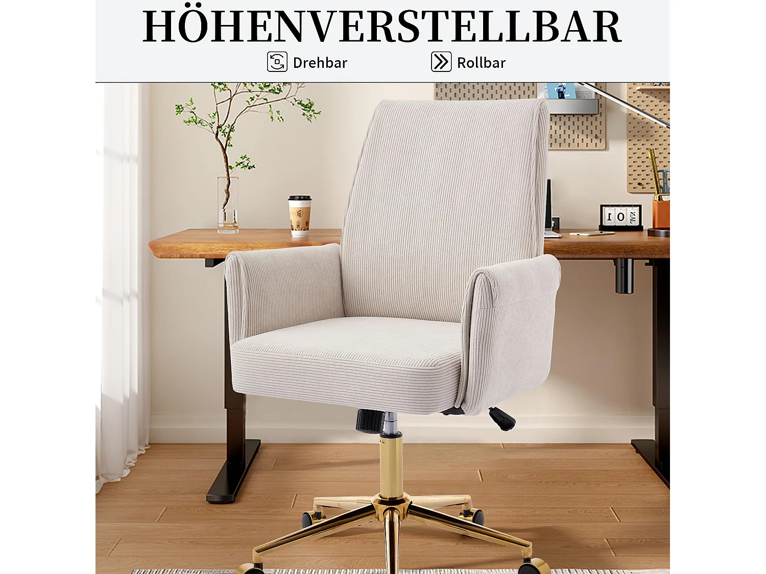 Bürostuhl aus Corduroy mit Memory-Schaum Sitzkissen, ergonomischer Schreibtischstuhl mit Wippfunktion und höhenverstellbar für Büro und Home Office