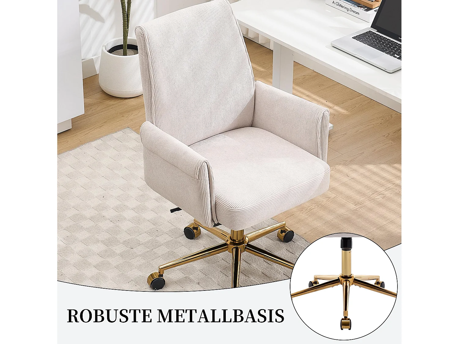 Bürostuhl aus Corduroy mit Memory-Schaum Sitzkissen, ergonomischer Schreibtischstuhl mit Wippfunktion und höhenverstellbar für Büro und Home Office