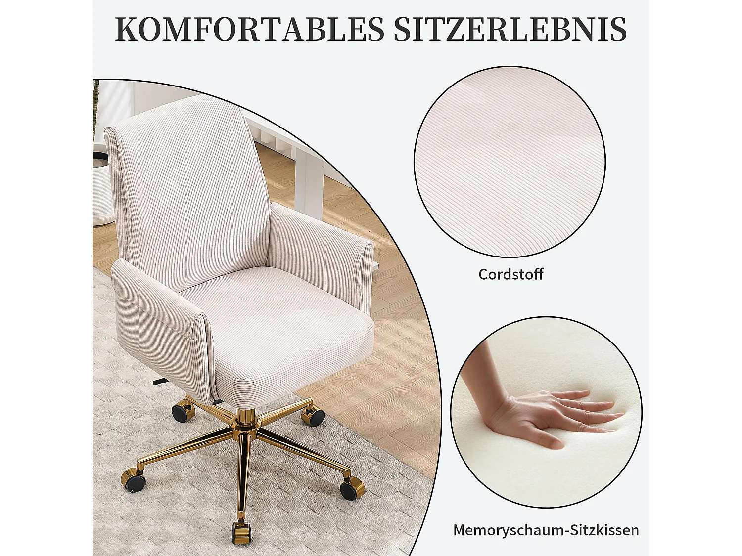Bürostuhl aus Corduroy mit Memory-Schaum Sitzkissen, ergonomischer Schreibtischstuhl mit Wippfunktion und höhenverstellbar für Büro und Home Office