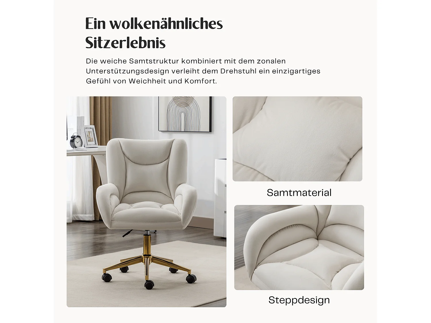 Drehstuhl mit Rollen, Homeoffice Stuhl Höhenverstellbarer Sessel mit Kreuzfüßen, Teddy Schreibtischstuhl mit Metallbasis und Steppdesign