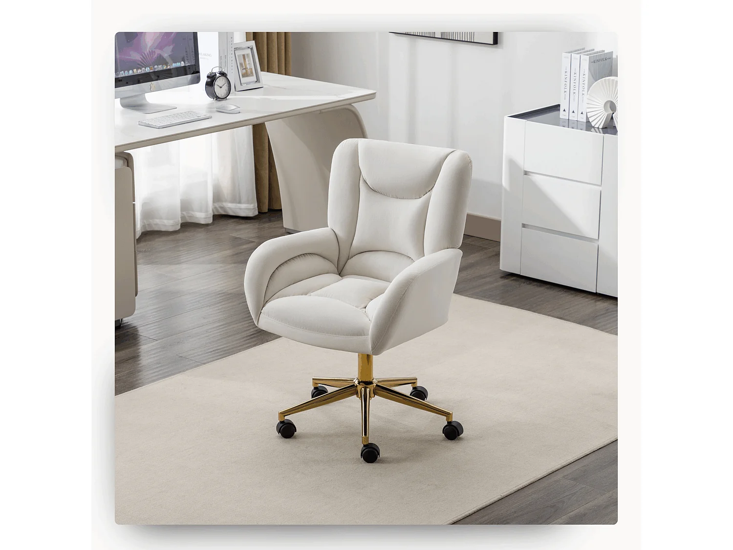Drehstuhl mit Rollen, Homeoffice Stuhl Höhenverstellbarer Sessel mit Kreuzfüßen, Teddy Schreibtischstuhl mit Metallbasis und Steppdesign