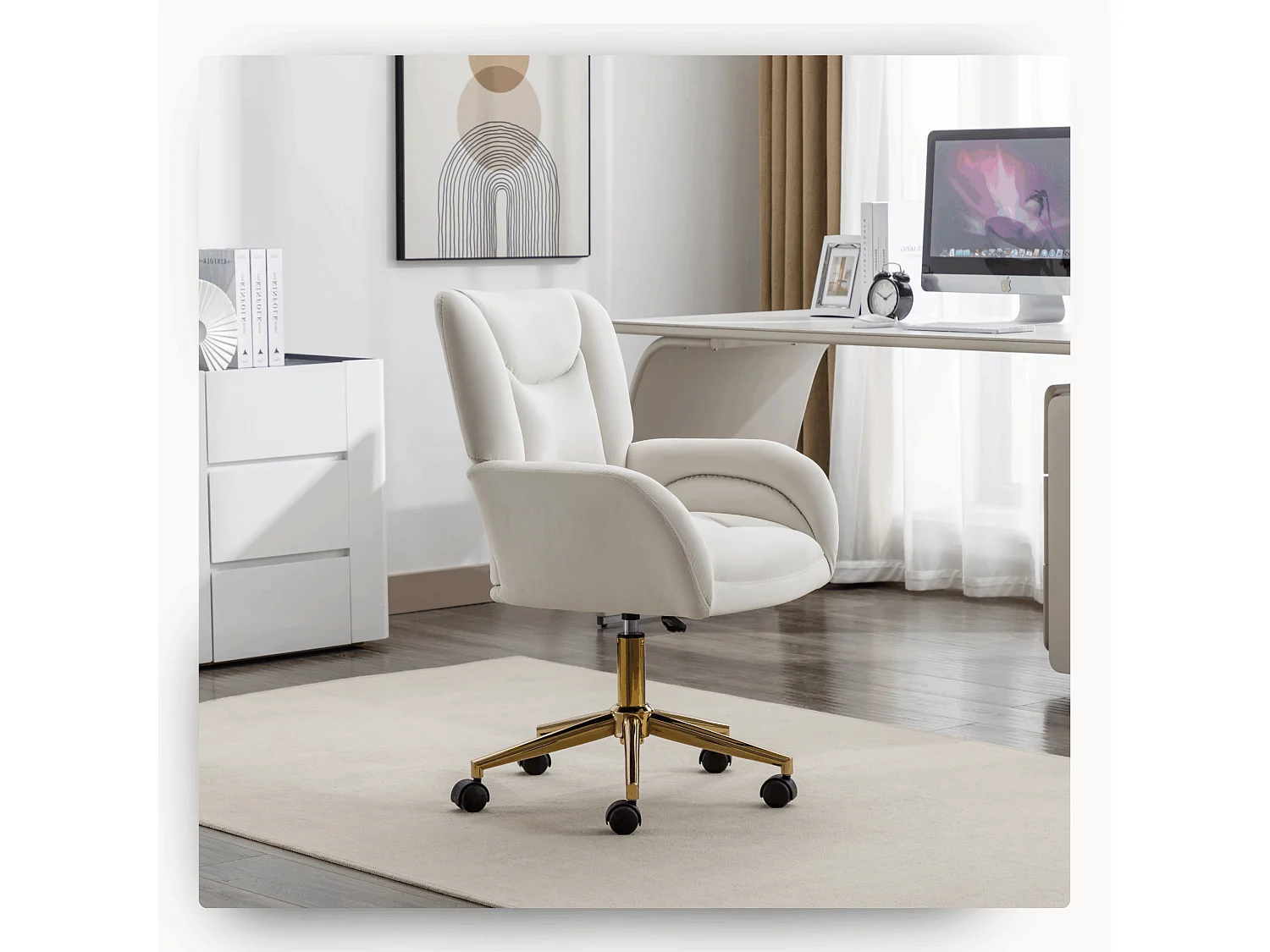 Drehstuhl mit Rollen, Homeoffice Stuhl Höhenverstellbarer Sessel mit Kreuzfüßen, Teddy Schreibtischstuhl mit Metallbasis und Steppdesign