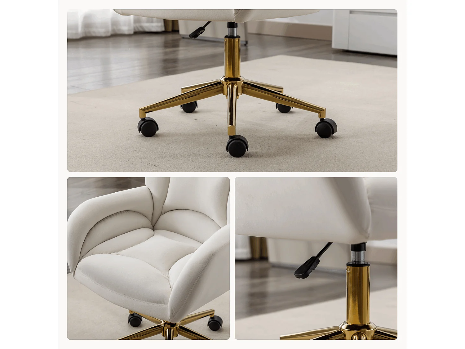 Drehstuhl mit Rollen, Homeoffice Stuhl Höhenverstellbarer Sessel mit Kreuzfüßen, Teddy Schreibtischstuhl mit Metallbasis und Steppdesign