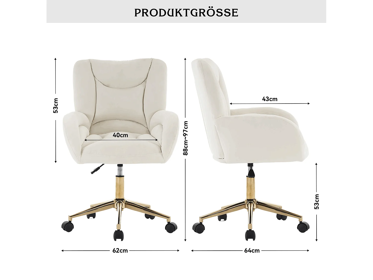 Drehstuhl mit Rollen, Homeoffice Stuhl Höhenverstellbarer Sessel mit Kreuzfüßen, Teddy Schreibtischstuhl mit Metallbasis und Steppdesign