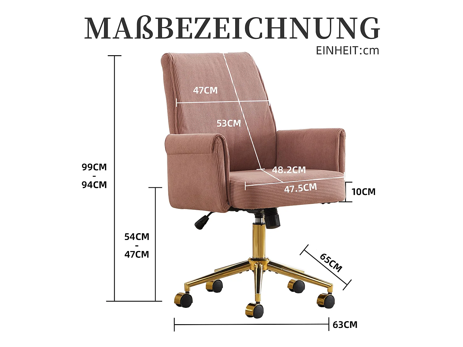 Chaise de bureau ergonomique en velours côtelé avec coussin de siège en mousse à mémoire, fonction de bascule, réglable en hauteur - Rose poudré
