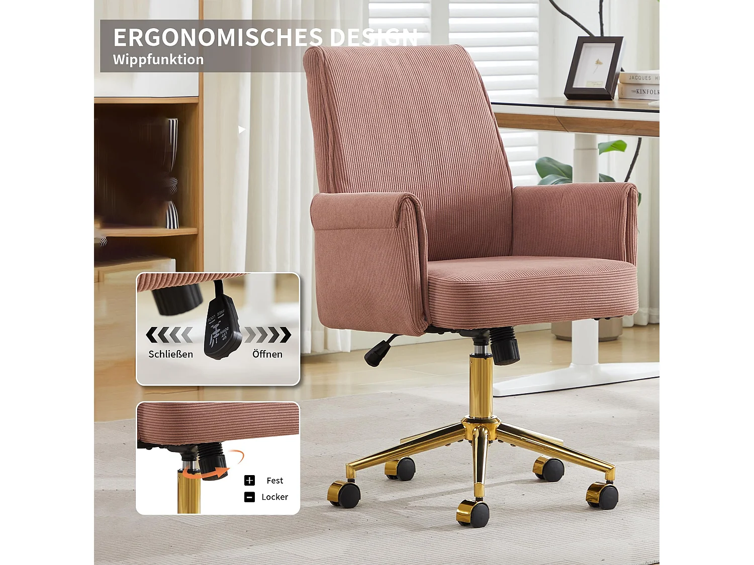 Chaise de bureau ergonomique en velours côtelé avec coussin de siège en mousse à mémoire, fonction de bascule, réglable en hauteur - Rose poudré