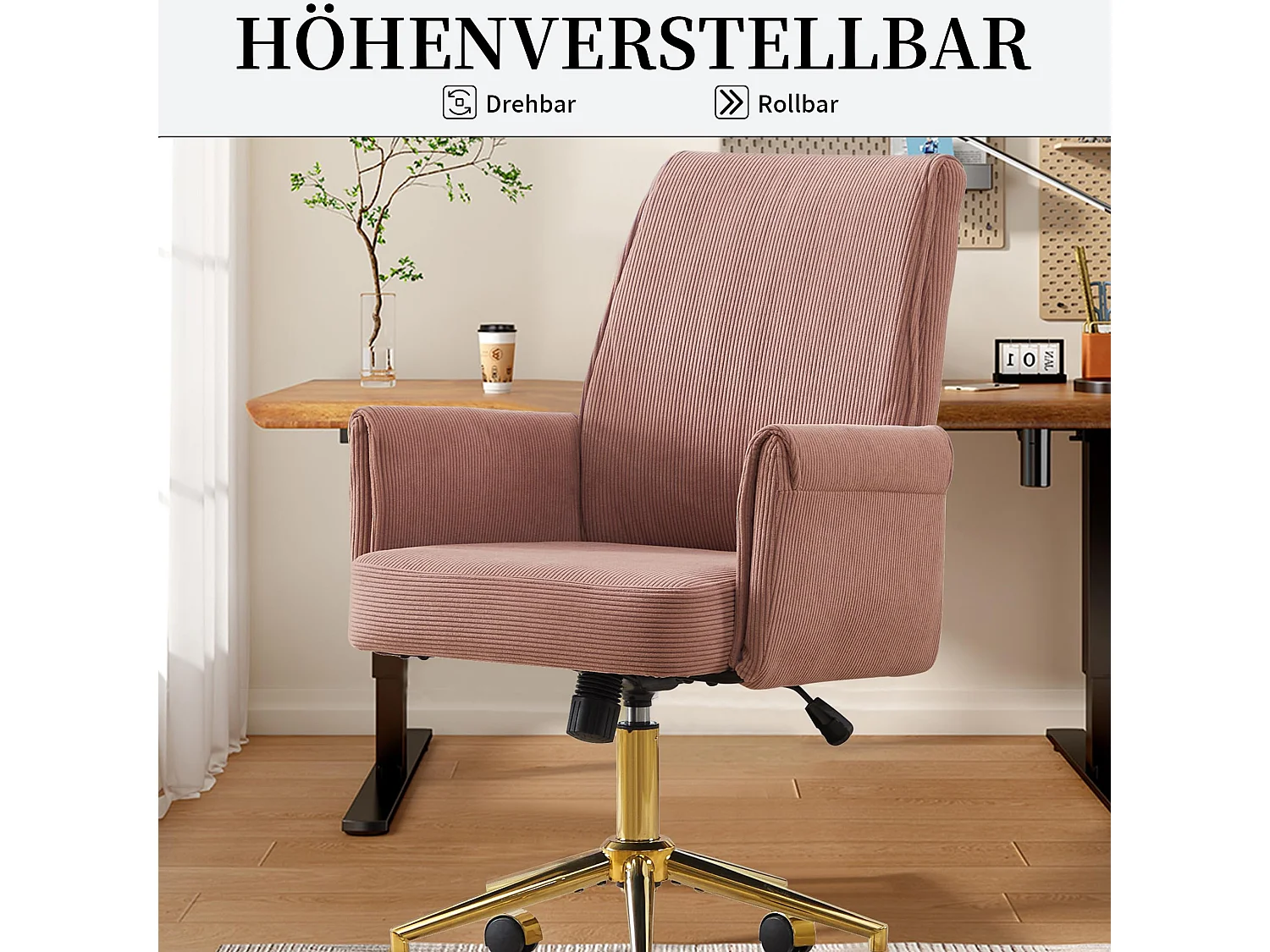 Chaise de bureau ergonomique en velours côtelé avec coussin de siège en mousse à mémoire, fonction de bascule, réglable en hauteur - Rose poudré