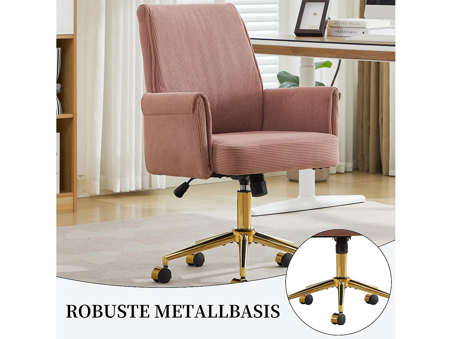 Chaise de bureau ergonomique en velours côtelé avec coussin de siège en mousse à mémoire, fonction de bascule, réglable en hauteur - Rose poudré