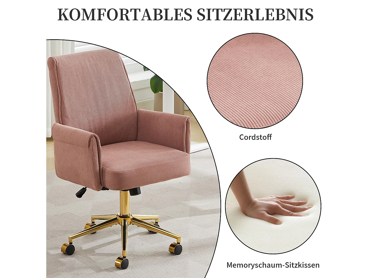 Chaise de bureau ergonomique en velours côtelé avec coussin de siège en mousse à mémoire, fonction de bascule, réglable en hauteur - Rose poudré