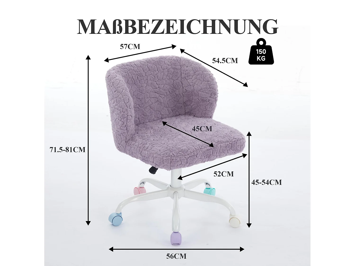 Bürostuhl 360° drehbar Schminktischstuhl mit Sitzhöhe bis 54cm,, Faux-Fur Polster, Höhenverstellbarer Kosmetikstuhl mit Kreuzfüßen, Farbigen Rollen