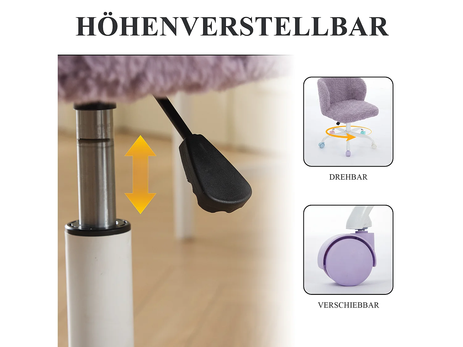 Bürostuhl 360° drehbar Schminktischstuhl mit Sitzhöhe bis 54cm,, Faux-Fur Polster, Höhenverstellbarer Kosmetikstuhl mit Kreuzfüßen, Farbigen Rollen