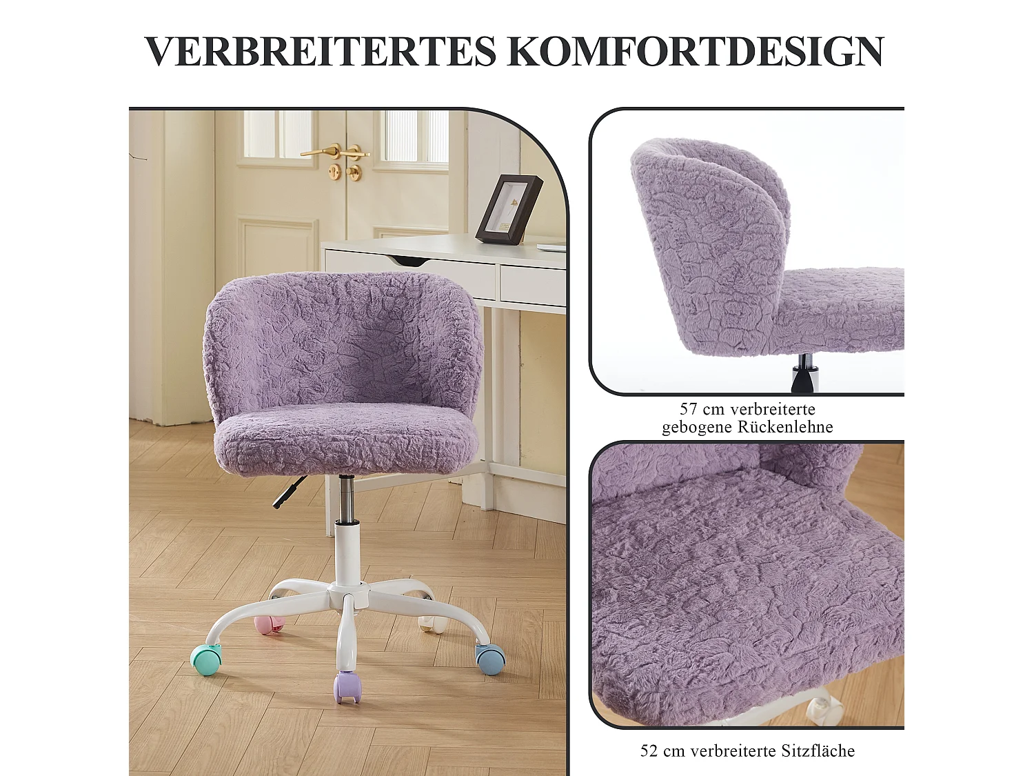 Bürostuhl 360° drehbar Schminktischstuhl mit Sitzhöhe bis 54cm,, Faux-Fur Polster, Höhenverstellbarer Kosmetikstuhl mit Kreuzfüßen, Farbigen Rollen