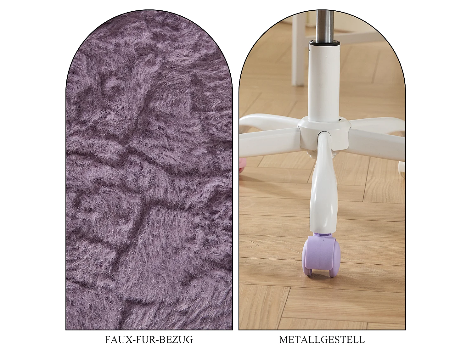 Bürostuhl 360° drehbar Schminktischstuhl mit Sitzhöhe bis 54cm,, Faux-Fur Polster, Höhenverstellbarer Kosmetikstuhl mit Kreuzfüßen, Farbigen Rollen