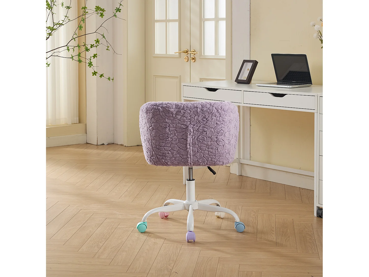 Bürostuhl 360° drehbar Schminktischstuhl mit Sitzhöhe bis 54cm,, Faux-Fur Polster, Höhenverstellbarer Kosmetikstuhl mit Kreuzfüßen, Farbigen Rollen