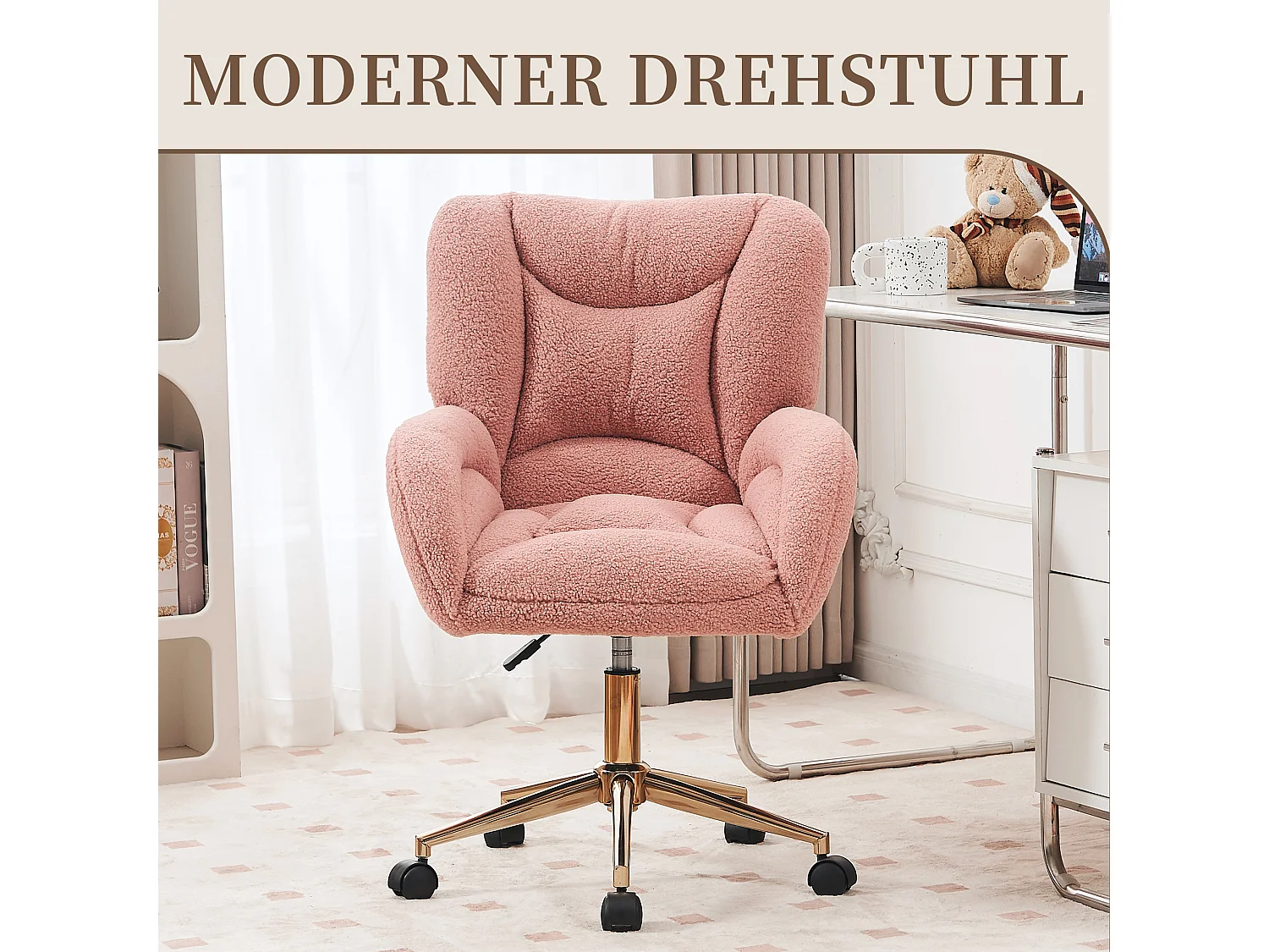 Chaise de bureau Teddy réglable en hauteur avec base en métal, tissu Sherpa rose, accoudoirs, roues pivotantes à 360°